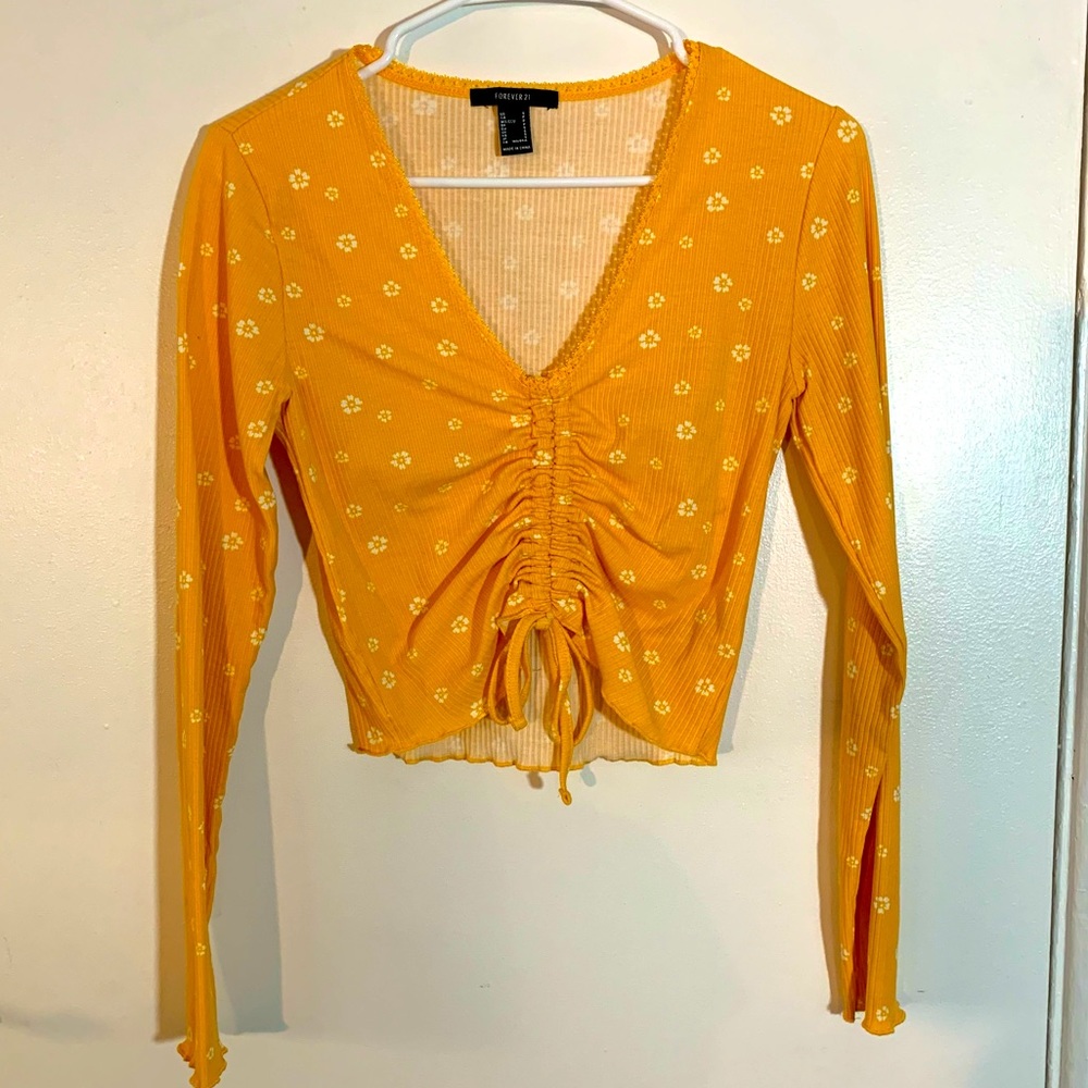 Cinched Floral Long Sleeve V-Neck Crop Top